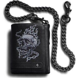 Men's Wallet With Chain Skull Trifold Soft Leather Wallet